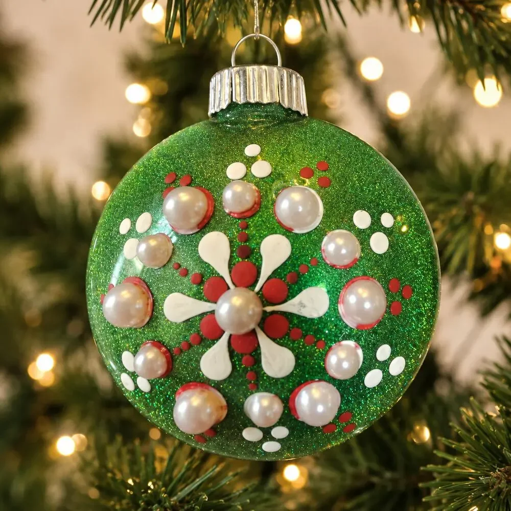 Green Red and Pearl 3 Inch Shatterproof Hand Painted Ornament